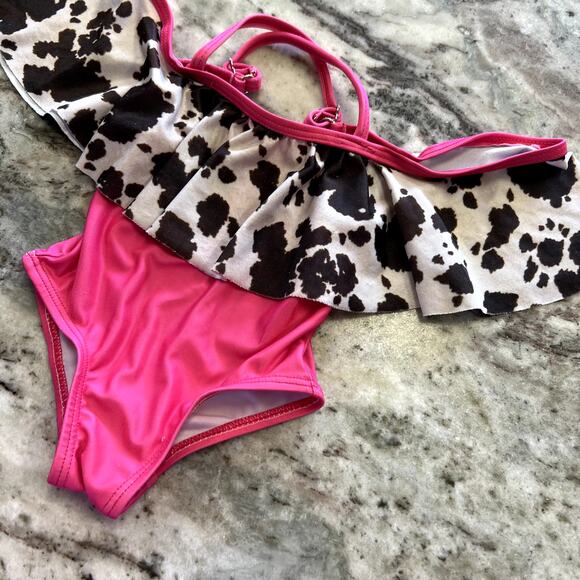 Pink + Cowprint Off Shoulder Kids One Piece Swimsuit Size 0-3 Mo - Picture 2 of 4